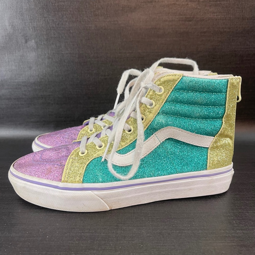 Vans Sk8-Hi Kids Girls Size 5 Purple Teal Gold Glitter Back Zip High Top Shoes